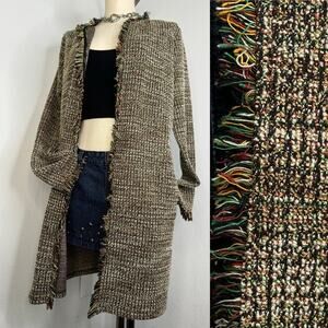 Zara Metallic Tweed Longline Open Front Cardigan with Pockets Fringe